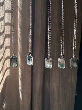 Green Moss Agate Emerald Cut Pendant Necklace - Women Sterling Silver Jewelry